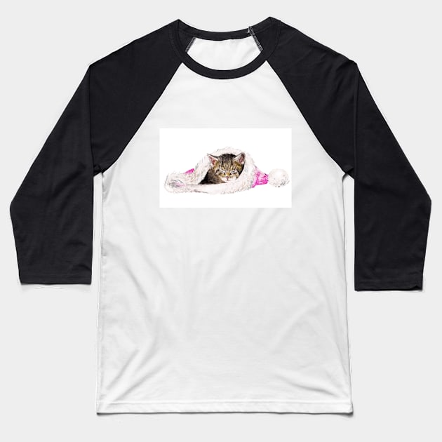 Kitten in Santa Hat Baseball T-Shirt by wanderinglaur